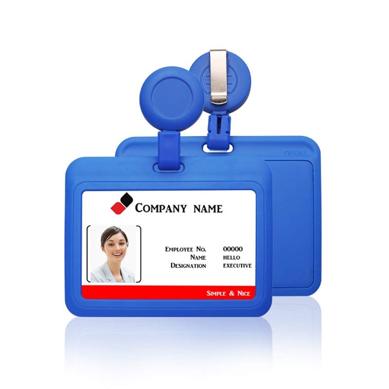HiCycle2 ID Badge Holder Case Horizontal with Reel Clip Retractable Heavy Duty Credit Card Business Card Office Supplies (Blue) - Image 1